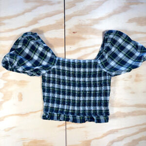 American Eagle Top Smocked Plaid Square Neck Puff Sleeve Crop Top